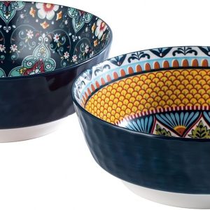 HENXFEN LEAD Set of 2, Porcelain Salad Bowls, 1440ml Serving Bowls, Large bowls for pasta, salad, soup, oatmeal etc. Colourful – Bohemian Style