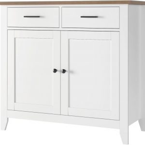 HOCSOK Sideboard, Kitchen Storage Cabinet with 2 Drawers and 2 Doors, Freestanding Cupboard for Kitchen, Living Room, Dining Room, Hallway, White & Oak, 91x40x82cm