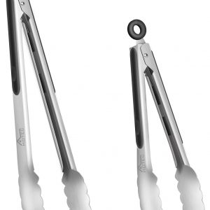 HOTEC Stainless Steel Kitchen Tongs Set of 2-9″ and 12″, Locking Metal Food Tongs Non-Slip Grip