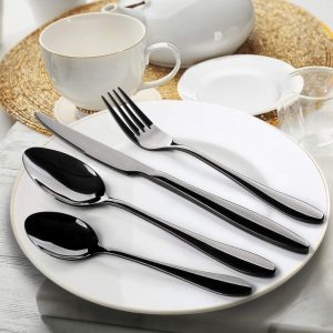 HaWare 24 Piece Black Cutlery Set Flatware Sets, Stainless Steel Silverware with Knife Spoon Fork, Service for 6, Mirror Finish, Dishwasher Safe (Classical Black, 6 Sets)