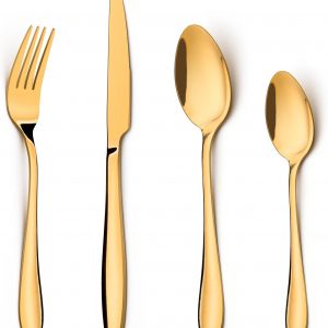 HaWare Gold Cutlery Set, 16 Piece Stainless Steel Flatware Set for 4, Elegant Tableware Silverware Set Include Knives Forks Spoons, Mirror Finish, Dishwasher Safe