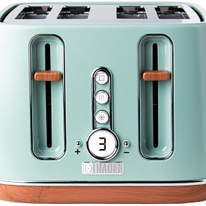 Haden Dorchester Green Toaster 4 Slice – Modern LCD Display – 6 Browning Levels – With Wood Effect Finish – Cancel/Defrost/Reheat – 1900-2300W Digital 4 Slice Toaster