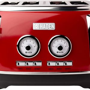 Haden Jersey Red Toaster 4 Slice – Retro Stainless Steel Design with Reheat, Defrost, Self-Centering Functions, Customizable Browning Control – 1370-1630W, 220-240V – Elegant Kitchen Appliance