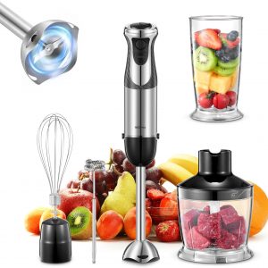 Hand Blender 1000W, 5-in-1 Electric Stick Blender, Copper Motor Stainless Steel Blade Stick Blender Mixer with Turbo Mode, Baby Food Blender with Mixing Beaker, Chopper, Whisk, Milk Frother (Black)