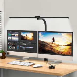 HassoKon LED Desk Lamp for Office, Desk Lamp with Dual Head, Eye Protection Desk Light with Clamp Monitor Light Bar 3 Color Modes, Adjustable Workbench Office Lighting Table Lamp [Energy Class F]