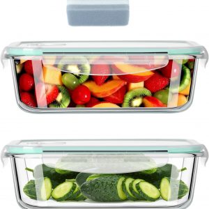 Hcrvvi Food Containers, Leakproof Glass Containers With Lids, Meal Prep Containers Reusable 2 Pieces 640ml Capacity Microwave, Freezers & Dishwashers Safe (2 Containers + 2 Lids +1 Cleaning Sponges)