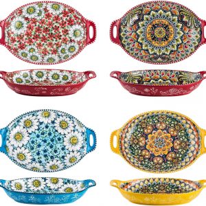 Henten Home Bowl Set of 4, Large Pasta Bowl/Fruit Bowls/Salad Bowls with Handles – 32 OZ, Vibrant Colour Large Bohemian Bowls Serving Dishes for Entertaining/Party/Christmas