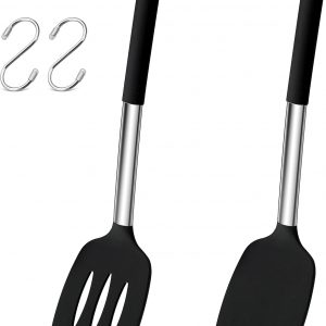 Herogo Silicone Spatula Turner, 2 Pcs Stainless Steel Cooking Spatula with S Hooks for Egg, Fish, Pancake, Meat, Non Stick Kitchen Utensils for Baking, Heat Resistant & Dishwasher Safe, Black