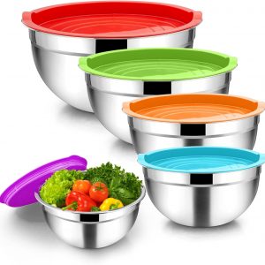 Homikit Stainless Steel Mixing Bowls with Airtight Lids, 5 Piece Nesting Salad Bowls for Space-Saving Storage, Metal Serving Bowl for Kitchen Baking/Cooking/Prepping, Size 0.7/1/1.5/2.6/4.6QT