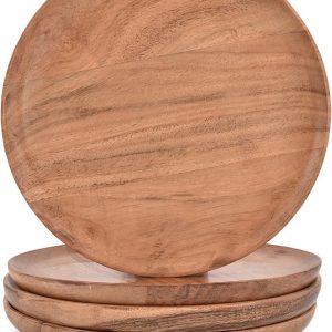 Indus Lifespace Acacia Wood Dinner Plates Set of 4 for Dishes Snack, Dessert Natural Wood Plates Serving Dinnerware Plate for Dinner (20.32cm x 20.32cmx 1.27cm)