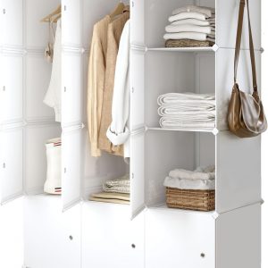 JOISCOPE Portable Wardrobe for Bedroom Storage Organizer Closet with Clothes Hanging Rail, Deeper Cube Combination Armoire Modular Cabinet for Clothes Shoes Toys, White (12-cube)