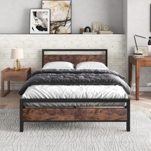 JURMERRY Double Bed Metal Bed Frame with Wooden Headboard and Footboard Heavy Duty Steel Support, No Box Spring Needed, Easy Assembly,Black