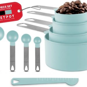 KETPOT 9-Piece Cup Measure for Baking ; 4 Measuring Cups, 4 Measuring Spoons and 1 Leveler, Cooking Measuring Cups for Liquid & Dry Ingredients-Suitable for American and Other Recipes