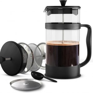 KICHLY 1000ml Cafetiere 8 Cup French Press Coffee Maker, Coffee Press and Tea Maker with Triple Filters, Heat Resistant Borosilicate Glass Caffettiere with Steel Plunger, Black