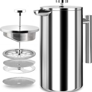 KICHLY Cafetiere 8 Cup Stainless Steel French Press Coffee Maker, Coffee Press with 3 Level Filtration System, Double Walled Insulated Caffettiere with 1 Extra Filter, 1000ml, Silver