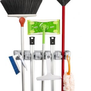 KINGTOP Broom Mop Holder, Wall Mounted Organizer with 5 Position 6 Hooks, Utility Room Storage Solutions for Kitchen, Bathroom, Garage and Garden