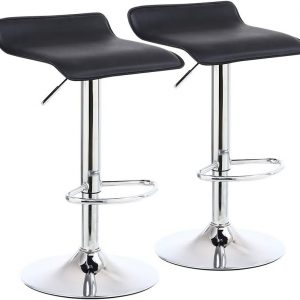 KKTONER 2 x Square Bar Stools PU Leather Swivel Adjustable Counter Stool Office Chair With Footrest (Black)