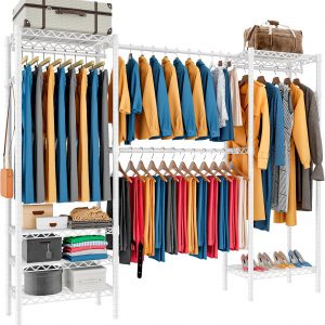 KZOBYD Expandable Wardrobe and Closet Organizer, Freestanding Clothes Rail with 6 Storage Shelves Heavy Duty Garment Rack with Double Hanging Rods Wardrobe Clothing Rack with Side Hooks (White)