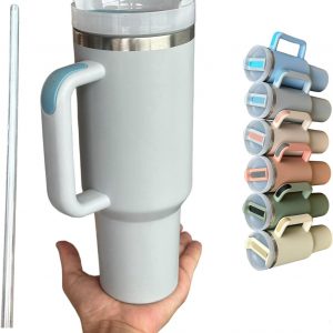 Khzer 40 OZ Tumbler with Straw and Lid-Stainless Steel Coffee Mug with Handle- Insulated Coffee Cup Travel Mug for Hot and Cold Beverages 2-in-1 Lid Water Bottle (Fog)