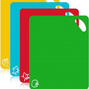 Kitchen Plastic Chopping Board Set – Extra Thick Flexible Cutting Board Mat for Cooking, Non-Slip Chopping Board with Colored Food Icons & Easy-Grip Handles, Dishwasher Safe, Set of 4