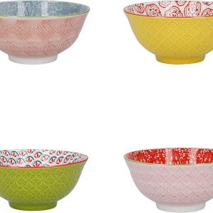KitchenCraft Patterned Cereal Bowl Set of 4 in Gift Box, Ceramic Serving Bowls Ideal for Ice Cream, Soup and More, ‘Brights’ Designs, 15cm