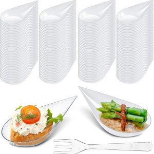 LATERN 100Pcs Plastic Appetizer Plates with Forks, 5CM Tear Drop Dessert Tasting Dishes Clear Parfait Appetizer Bowls Reusable Serving Plates for Dessert Appetizers Sample Party (10 x 5cm)