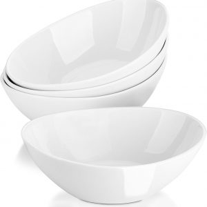 LIFVER Salad Bowl, 36oz White Porcelain Bowls Set of 4 for Pasta, Cereal, Soup, Dessert, Ramen, Microwave & Dishwasher Safe Oval Serving Bowl, 9″ x 6.5″ x 3″