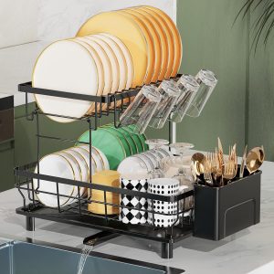 LIONONLY 2 Tier Dish Drainer Rack with Drip Tray, Detachable Large Dish drying Rack with Swivel Drainage Spout, Utensil & Cutting Board Holder for Kitchen Counter, Black