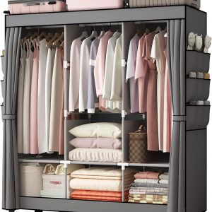 LOEFME Canvas Wardrobe 172 * 130 * 45cm, for Bedroom, New Base Design Wardrobes with 2 Hanging Rails and 18 Side Bags, Fabric Closet, Cheap Folding Wardrobe, Grey