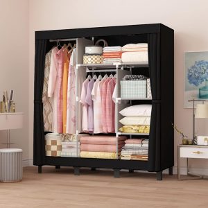 LOEFME Canvas Wardrobe 172*130*45cm Wardrobes for Bedroom Portable Wardrobe Shelves Wardrobe Storage Organiser Fabric Wardrobes for Bedroom with 2 Hanging Rails Fabric Closet Folding Wardrobe Black