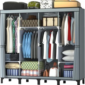 LOEFME Canvas Wardrobe, Four-column Portable Wardrobes for Bedroom, 165 * 45 * 175 cm New Base Design Fabric Wardrobe, Large Storage Space Foldable wardrobe, Grey