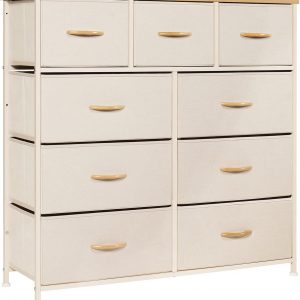 LYNCOHOME Chest of Drawers, Bedroom Drawers, Fabric Dresser with Wood Top and Large Storage Space, Easy to Assemble, for Bedroom, Living room, Kids room, Closet (Beige, 9 Drawers)