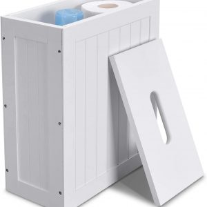 Lantaly Slimline Wooden Bathroom Storage Unit, Toilet Roll Paper Cabinet, Compact Shaker, Multi-Purpose Cleaning Tidy Box