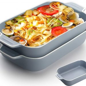 Lasagne Dish, 2PCS 9×5 inch Rectangular Ceramics Baking Dishes with Handle, Coloured Small Oven to Table Baking Dish Ideal for Oven Ceramic Baking Pan Lasagna Casserole Pan Individual Bakeware(Blue)