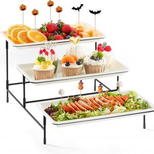 Lifewit 3 Tier Serving Tray for Party Supplies, 30x17cm Plastic Platters for Serving Food, White Reusable Trays with Black Mental Display Stand for Veggie, Fruit, Cookies, Dessert
