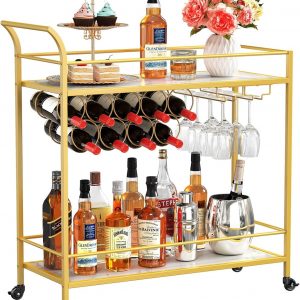 Lifewit Drinks Trolley on Wheels, Serving Trolley, 2 Tier Bar Cart with 9 Wine Bottle Racks, Cocktail Alcohol Trolley for Kitchen Dining Living Room Outdoor, 80 x 33.2 x 87.8 cm, Gold