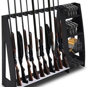 Lineshading Wooden Gun Rack with Holder, Indoor Floor Standing Gun Rack, Gun Display Rack Storage Rack for Home or Garage Gun Storage, Holds 10 Long Guns and 8 Short Guns