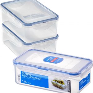 LocknLock Rectangular Food Containers with Lids Set of 3 – Plastic Airtight & Watertight Food Storage Containers, BPA Free & Dishwasher Safe, 3 x 1L