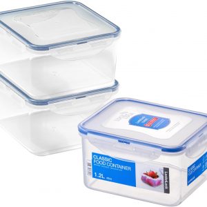 LocknLock Square Food Containers with Lids Set of 3 – Plastic Airtight & Watertight Food Storage Containers, BPA Free & Dishwasher Safe, 3 x 1.2L