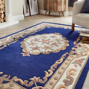 Lord of Rugs Lotus Premium Traditional Rug Aubusson Wool Heavy Thick Floral Hand Tufted Classic Rug Navy Large 150×240 cm (4’11”x7’10”)