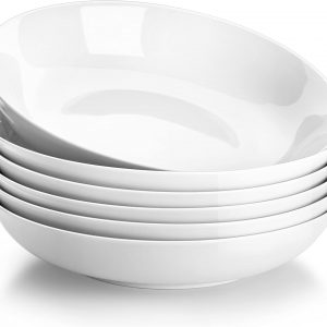 MALACASA, Series Regular, 9” Pasta Bowl, Porcelain Salad Pasta Bowl, Large Ceramic White Soup Bowl Set, Serving Plates for Salad Pasta Soup Fruit, Microwave Dishwasher Safe, Set of 6