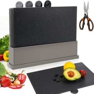 MASTERTOP Index Chopping Board Set, Plastic Chopping Boards with Storage Stand, Non Slip Kitchen Cutting Boards for Meat or Vegetables, Grey, Send 1 Scissor