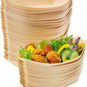 MATANA 100 Large Wooden Bamboo Boats for Appetizers & Finger Foods, 21x11cm – Disposable Bowls for Canape, Sushi, Snacks – Eco-Friendly & Biodegradable for Weddings, Birthdays, Parties