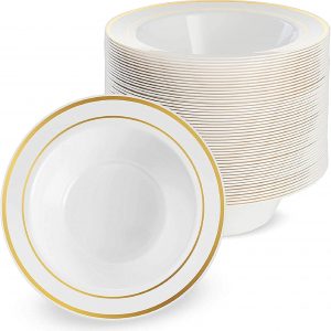 MATANA 25 Premium White Plastic Bowls with Gold Rim, 360ml – Elegant, Sturdy & Reusable – Soup & Dessert Bowls for Weddings, Birthdays, BBQ, Buffets, Catering, Parties