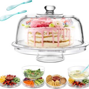 Masthome Cake Stand with Dome Lid, 6 in 1 Afternoon Tea Stands, Plastic Cake Plate with Cover, Multifunctional Salad Bowl, Chip Dip Server, Cupcake Display – Send 2pc Salads Spoons