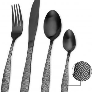 Matte Black Cutlery Set, Bettlife 16-Piece Tableware Set Stainless Steel Flatware Silverware Set with Knife and Fork Set, Service for 4, Unique Pattern Design, Dishwasher Safe (Black Diamond, 16P)