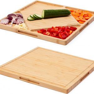 Mawazo Large 100% Organic Bamboo Chopping Board with Containers, Reversible Cheese Board & Serving Platter, Wooden Chopping Board for Kitchen, Thick 36 x 36cm Cutting Board, Original British Design