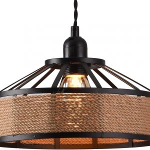 Metal & Rope Lamp Shades Ceiling, Small Retro Hemp Rope Black Ceiling Lampshade with Reducer Ring Pendant Light Shade for Living Room, Bedroom, Kitchen, Hallways & Floor Lamp