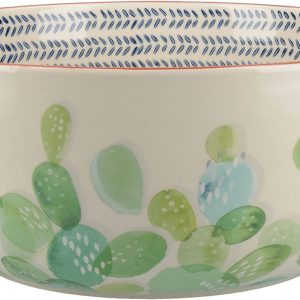 Mikasa Drift Large Ceramic Salad Serving Bowl, Hand Decorated Cactus Design, Natural, Blue and Green, 24cm