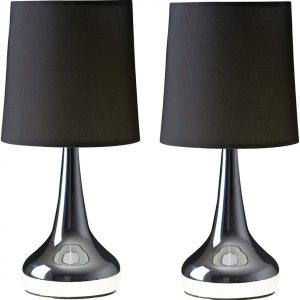 MiniSun Pair of Modern Chrome Teardrop Touch Bed Side Table Lamps with Black Fabric Shades